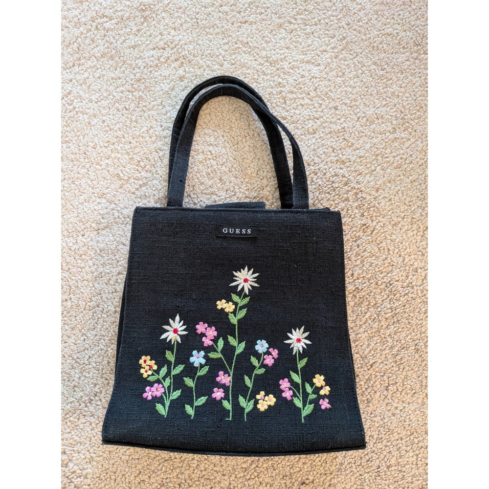 Guess Vintage Embroidered Floral Mini Tote Bag Black Woven Linen Canvas Y2K